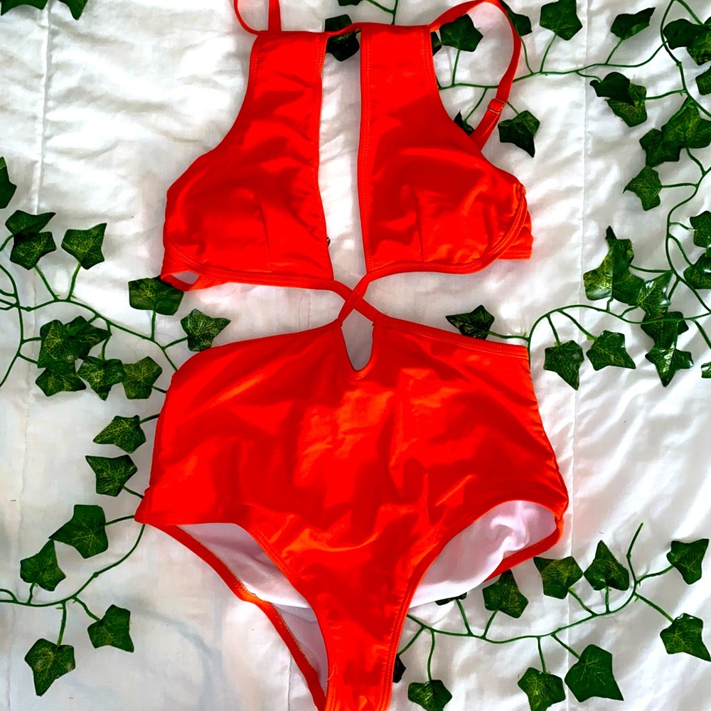 orange one piece bathing suit